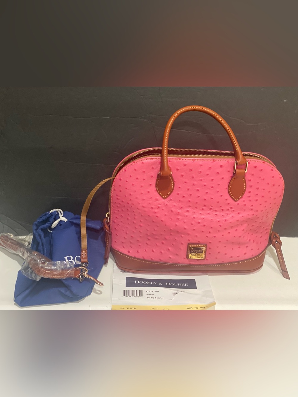 NEW Dooney & Bourke Zip Zip Satchel Shoulder Bag HOT PINK Ostrich Leather